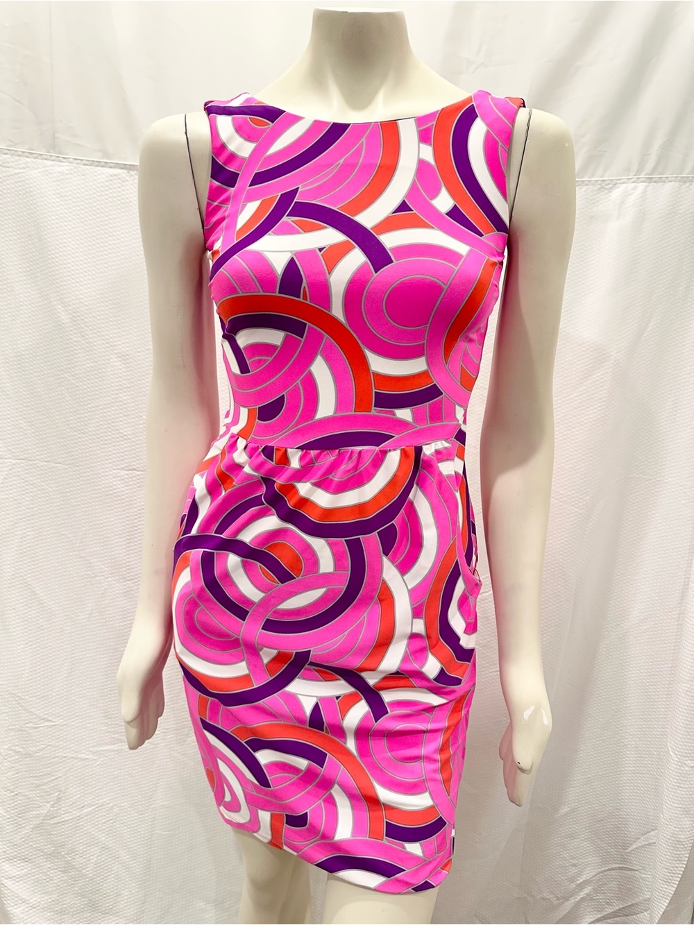 RARE! Jude Connally Pink, Purple & Red Retro Circle-Print Sheath Dress XS